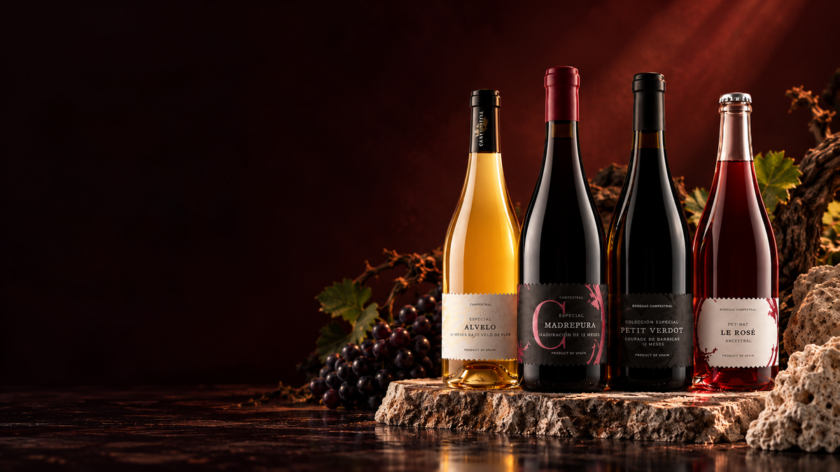 Vinos naturales Campestral: Alvelo, MadrePura, Petit Verdot y Le Rosé sobre piedra albariza